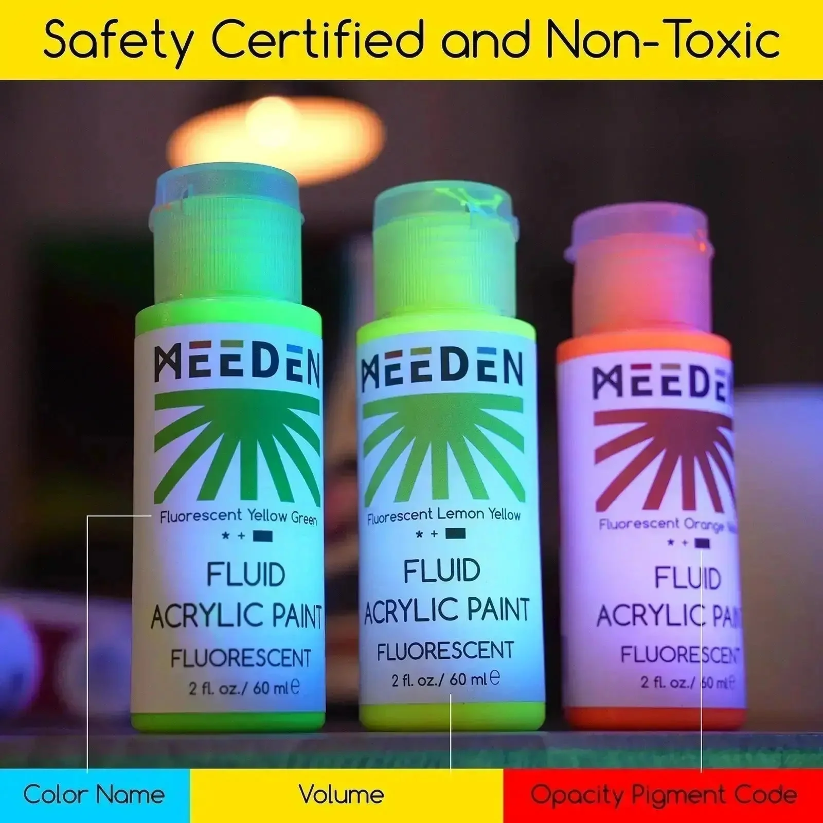 MEEDEN Fluid Fluorescent Acrylic Paint Set, 6 Colors, 60 ml / 2 oz - Image 5