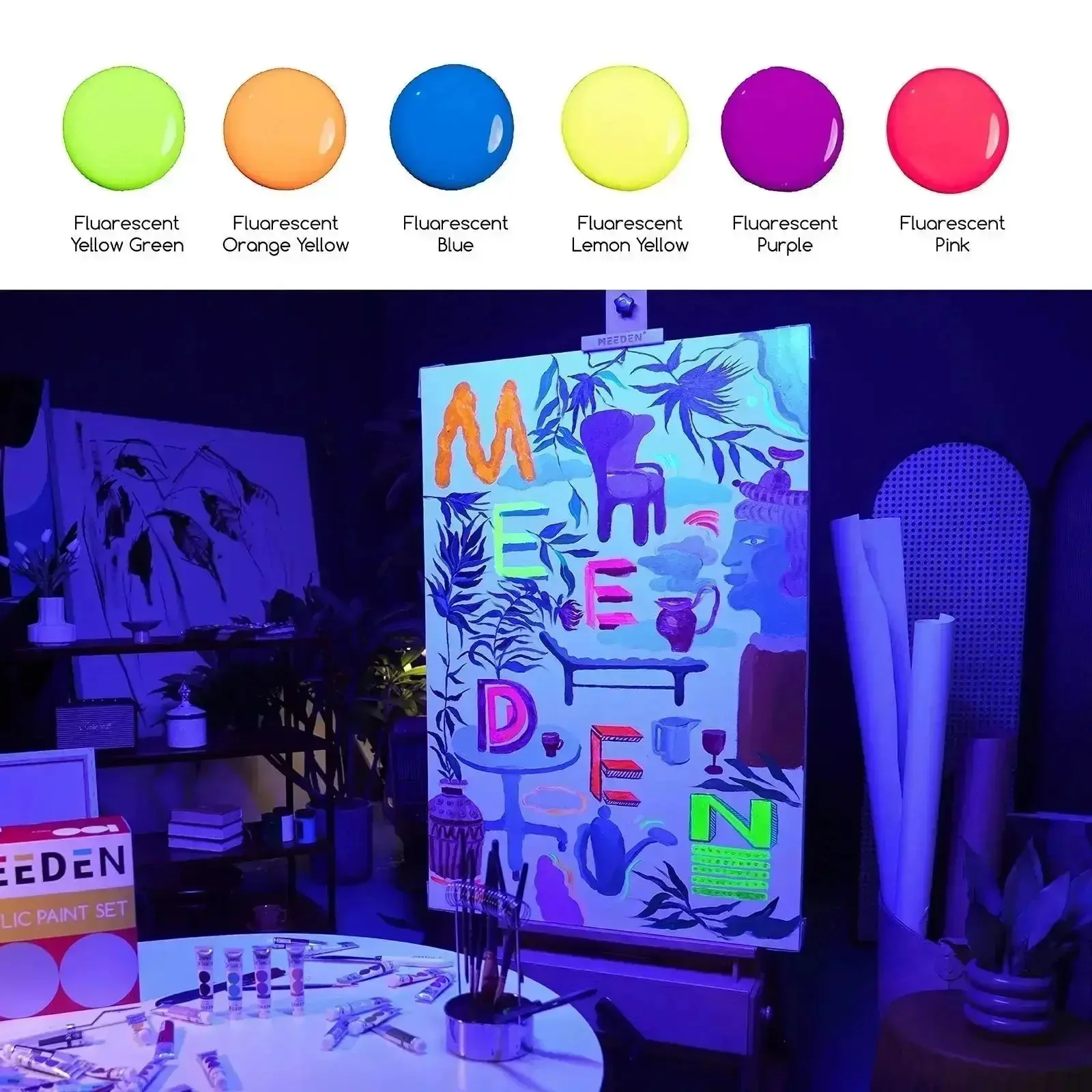 MEEDEN Fluid Fluorescent Acrylic Paint Set, 6 Colors, 60 ml / 2 oz - Image 6