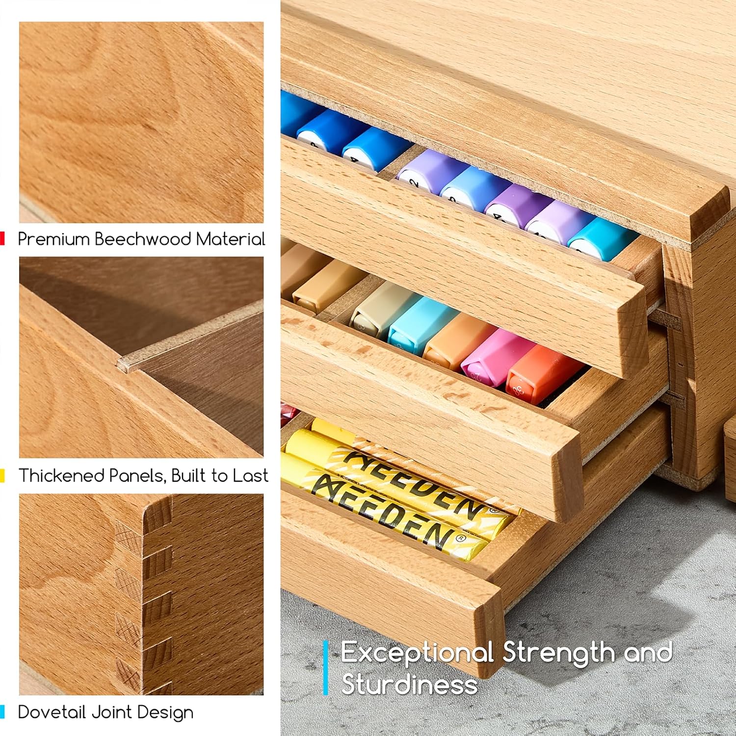 MEEDEN 3-Tier Beech Wood Organizer Box with Removable Dividers - Image 6
