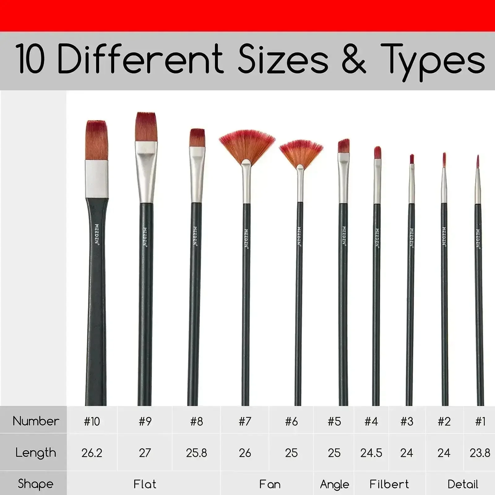 MEEDEN Acrylic Paint Brushes, 10 Pieces - Image 3