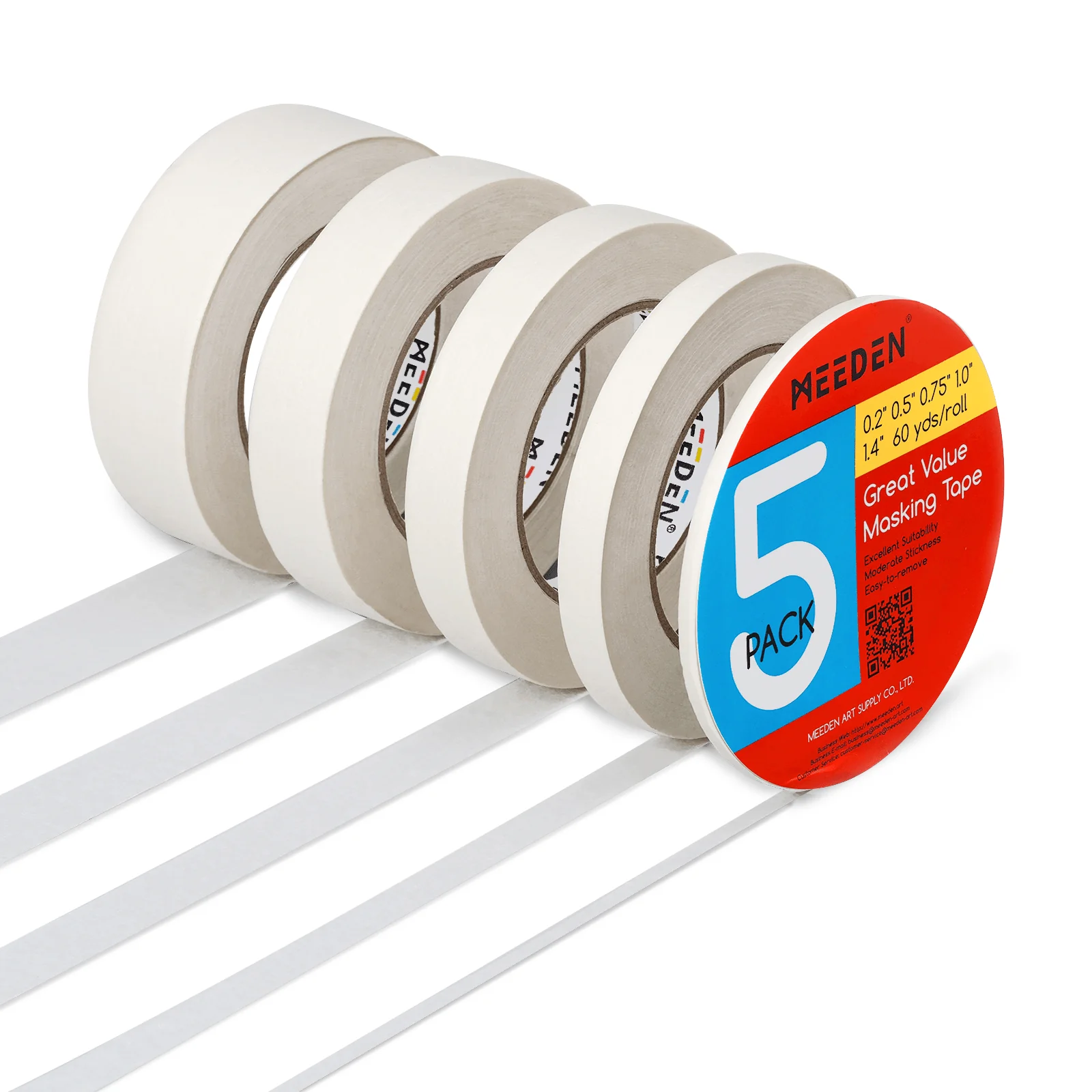 MEEDEN 5 Packs Multi-Sized Masking Acid-Free White Artist Tape, 0.2" 0.5" 0.75" 1.0" 1.4" x 60 Yard - Image 3