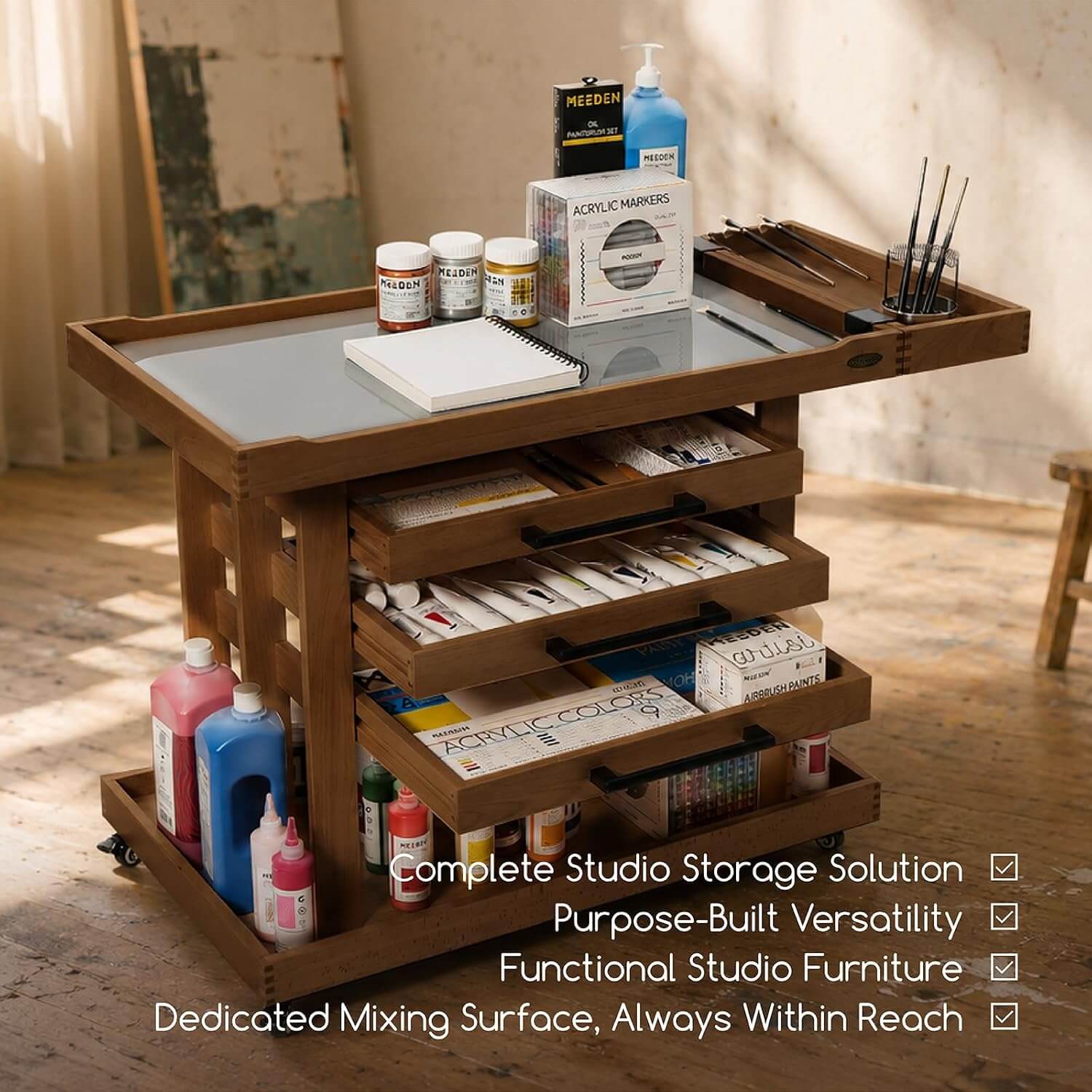 MEEDEN Extra Large Artist Supplies Storage Cart, 5-Tier Taboret with 3 Drawers-Walnut - Image 7