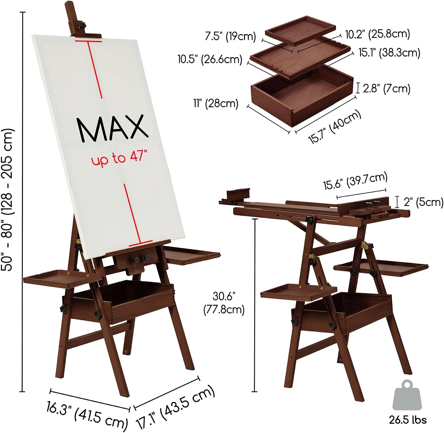 MEEDEN H-Frame Beech Wood Deep Walnut Art Easel with Storage, Adjustable 50"-80" H - Image 4