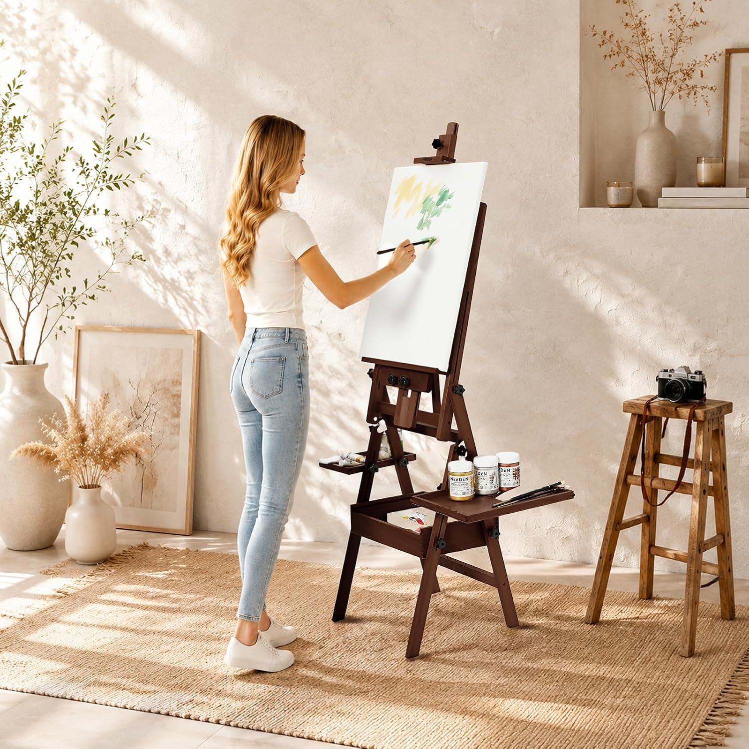 MEEDEN H-Frame Beech Wood Deep Walnut Art Easel with Storage, Adjustable 50"-80" H - Image 9