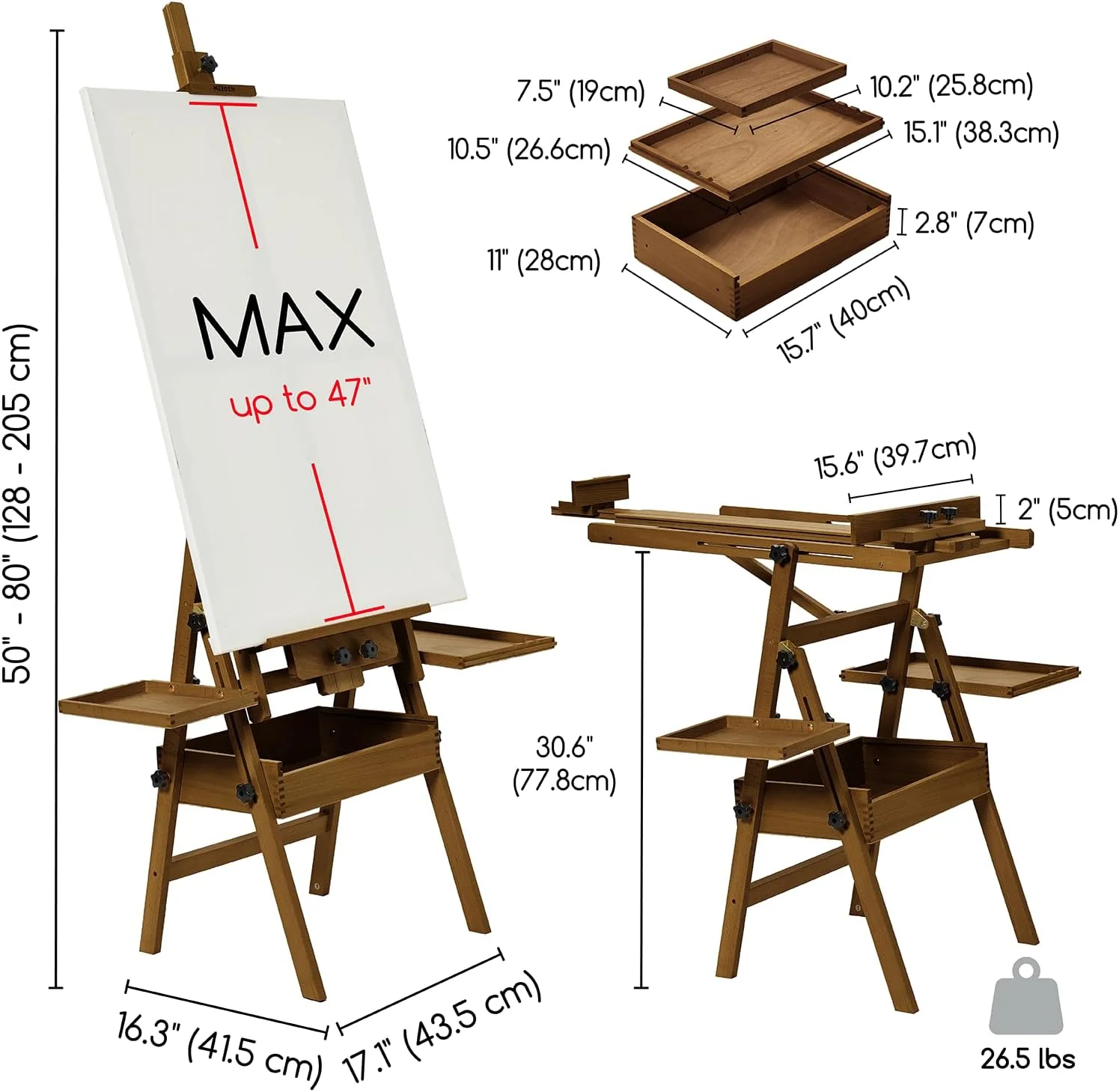MEEDEN H-Frame Beech Wood Walnut Art Easel with Storage, Adjustable 50"-80" H - Image 4