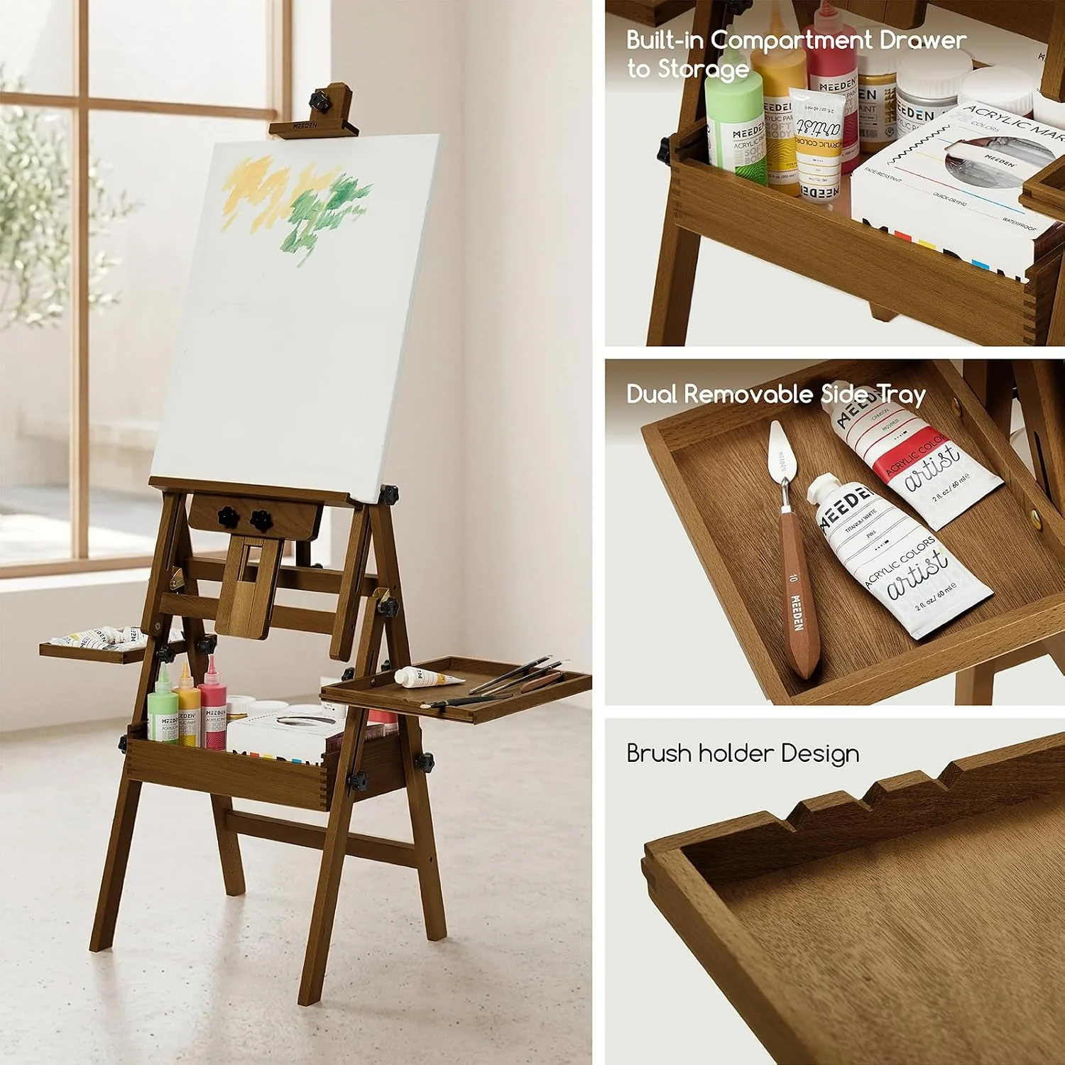 MEEDEN H-Frame Beech Wood Walnut Art Easel with Storage, Adjustable 50"-80" H - Image 8