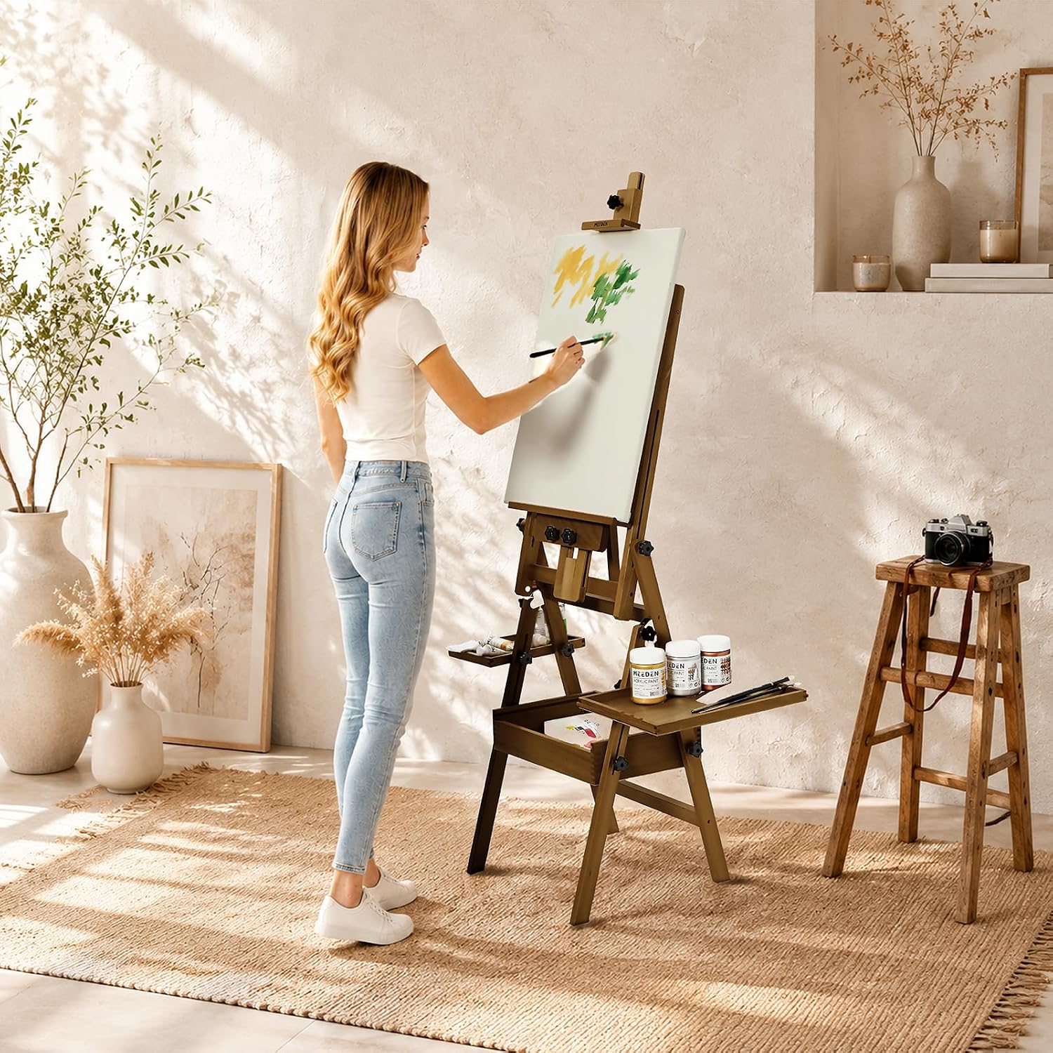 MEEDEN H-Frame Beech Wood Walnut Art Easel with Storage, Adjustable 50"-80" H - Image 9