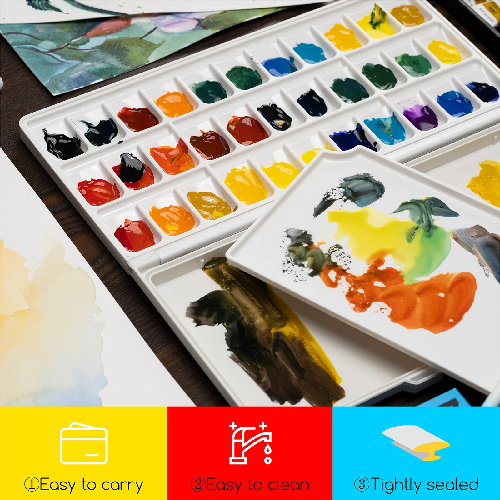 MEEDEN Airtight Leakproof Watercolor Palette Travel Paint Tray 33 Wells, Red - Image 6