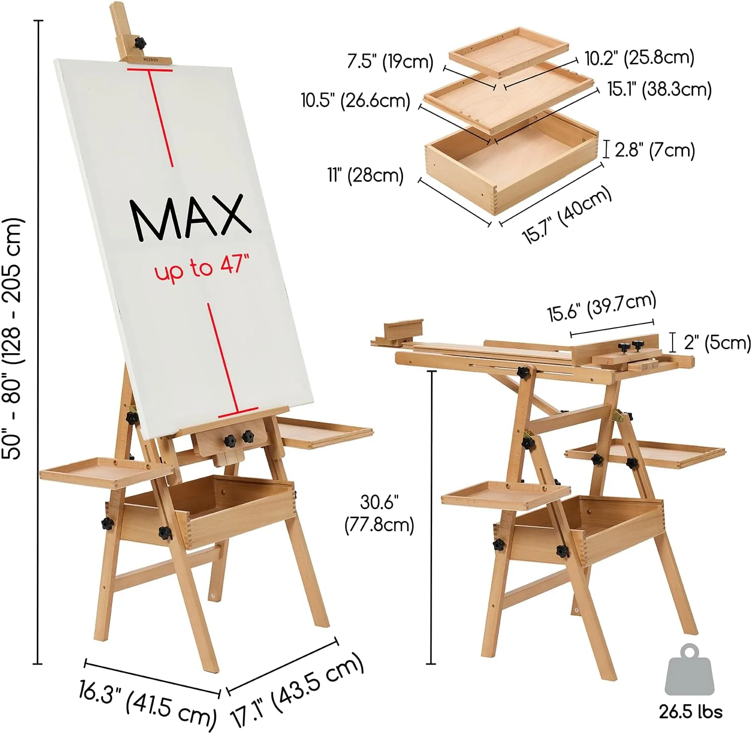 MEEDEN H-Frame Beech Wood Natural Art Easel with Storage, Adjustable 50"-80" H - Image 4