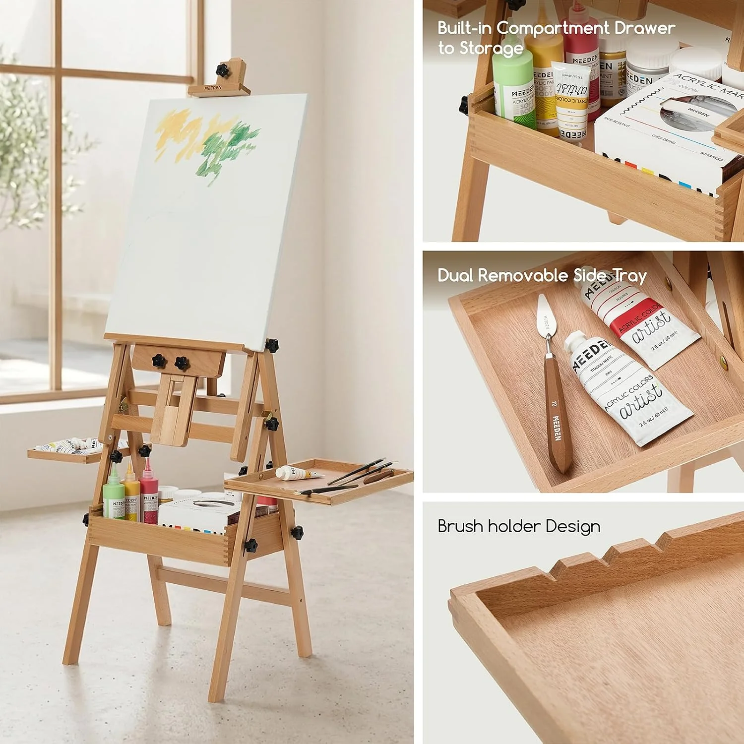 MEEDEN H-Frame Beech Wood Natural Art Easel with Storage, Adjustable 50"-80" H - Image 7