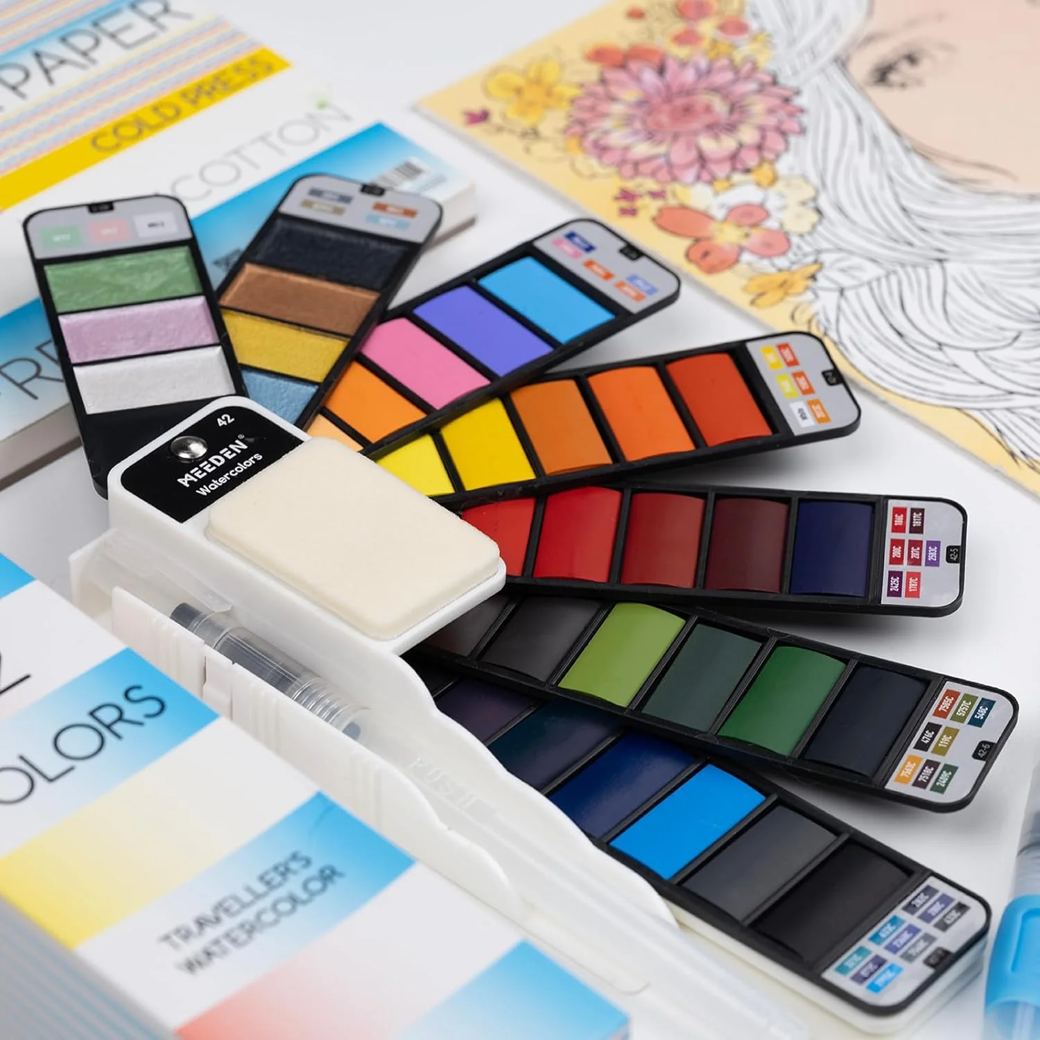 MEEDEN Travel Watercolor Paint Set, 42 Assorted Colors with 4 Brushes - Image 7