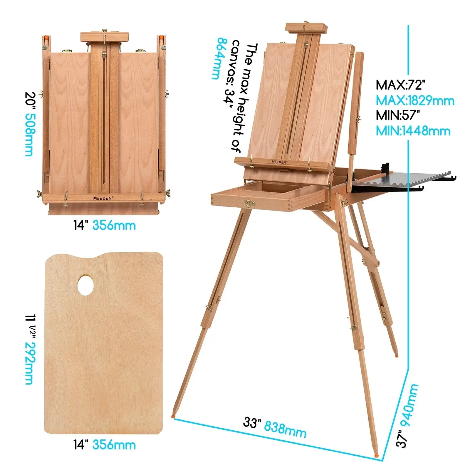 MEEDEN Foldable Beechwood French Easel with Drawer, Palette & Metal Tray – Natural - Image 3