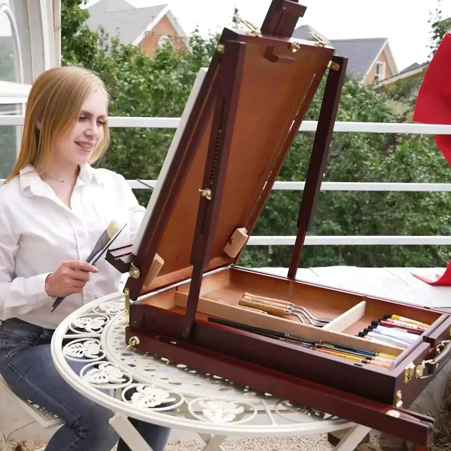MEEDEN Foldable Beechwood French Easel with Drawer, Palette & Metal Tray – Dark Walnut - Image 3