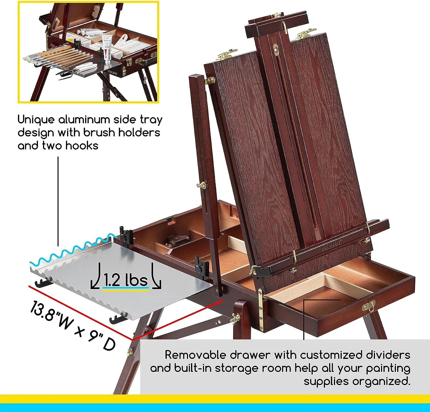 MEEDEN Foldable Beechwood French Easel with Drawer, Palette & Metal Tray – Dark Walnut - Image 4