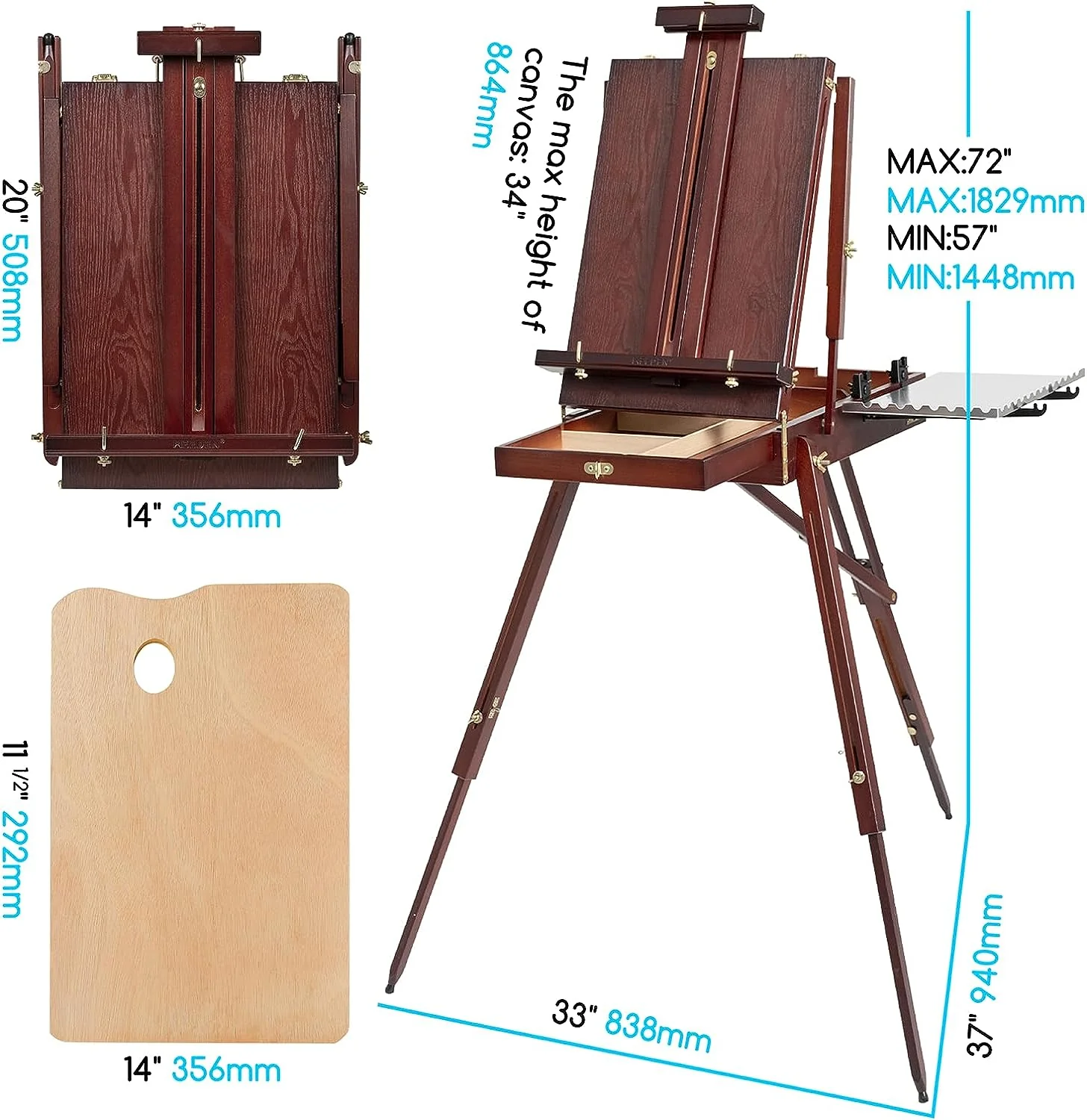 MEEDEN Foldable Beechwood French Easel with Drawer, Palette & Metal Tray – Dark Walnut - Image 5